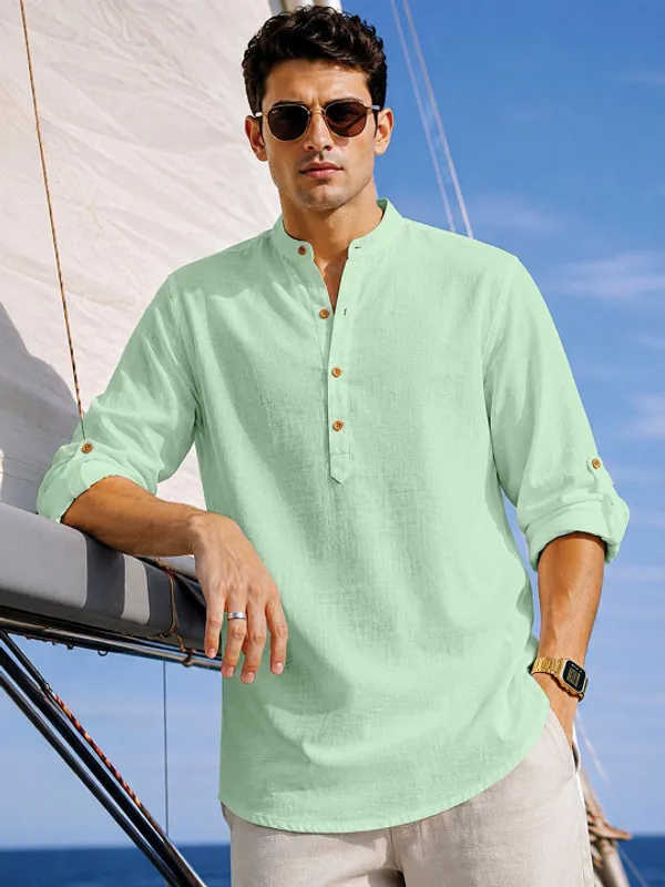 Mint_Green_Linen_Mandarin_Collar_Shirt_For_Men