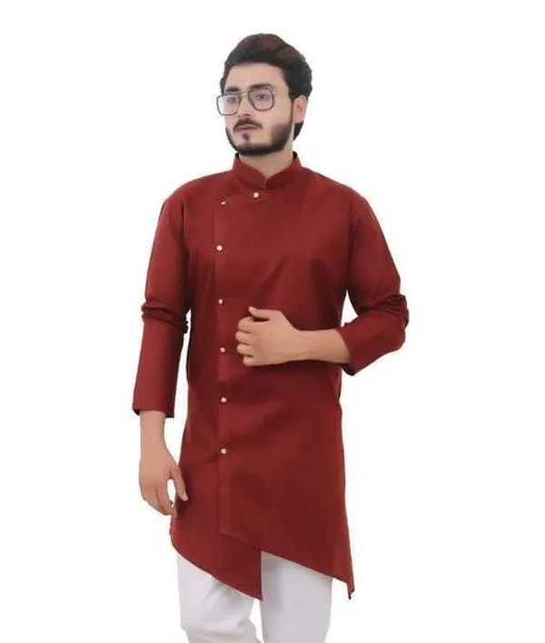 Maroon_Cotton_Asymmetric_Kurta_For_Men