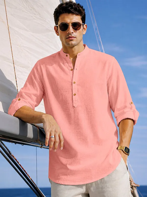 Pink_Linen_Mandarin_Collar_Shirt_For_Men