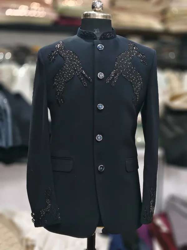 Black_Cotton_Embroidered_Mandarin_Collar_Bandhgala_Blazer_For_Men