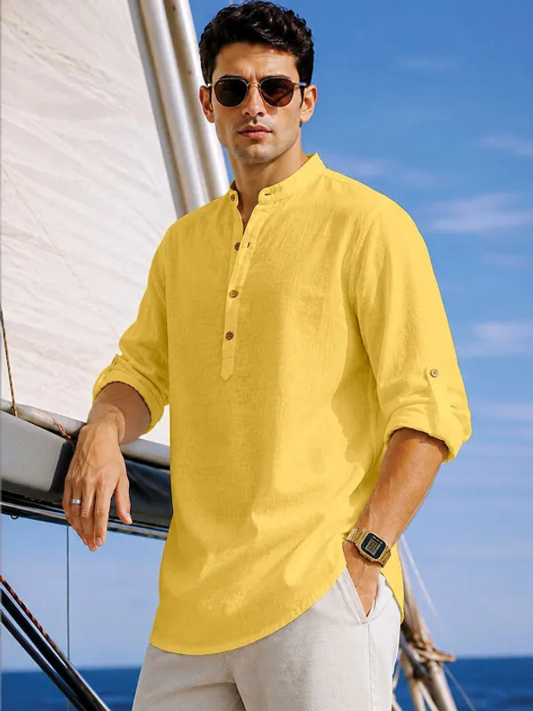 Yellow_Linen_Mandarin_Collar_Long_Sleeve_Shirt_For_Men