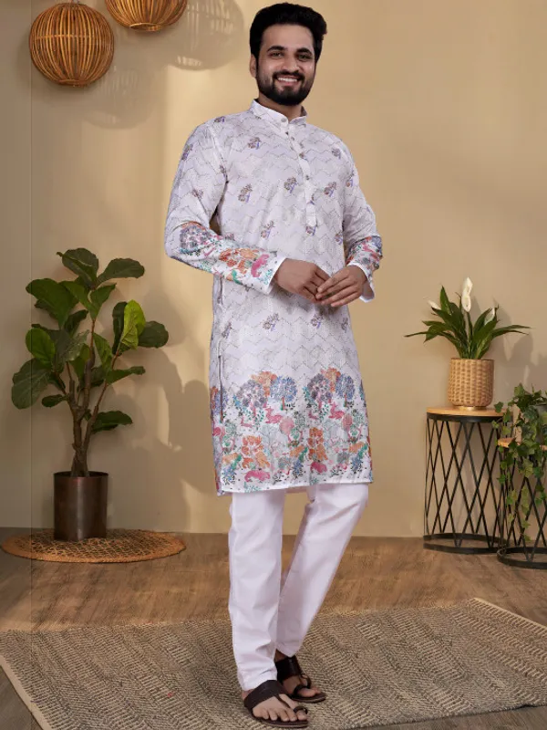 White_Cotton_Floral_Print_Long_Kurta_For_Men