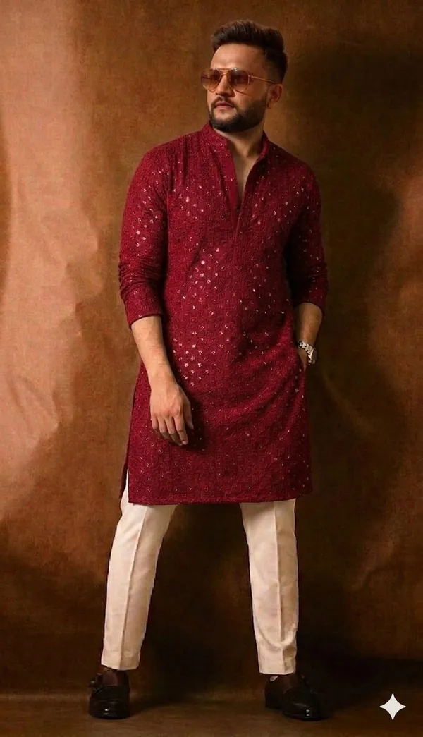 Maroon_Cotton_Sequined_Relaxed_Fit_Kurta_Set_For_Men