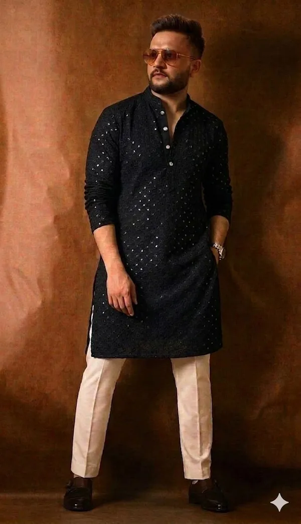 Black_Cotton_Mirror_Work_Embellished_Kurta_For_Men