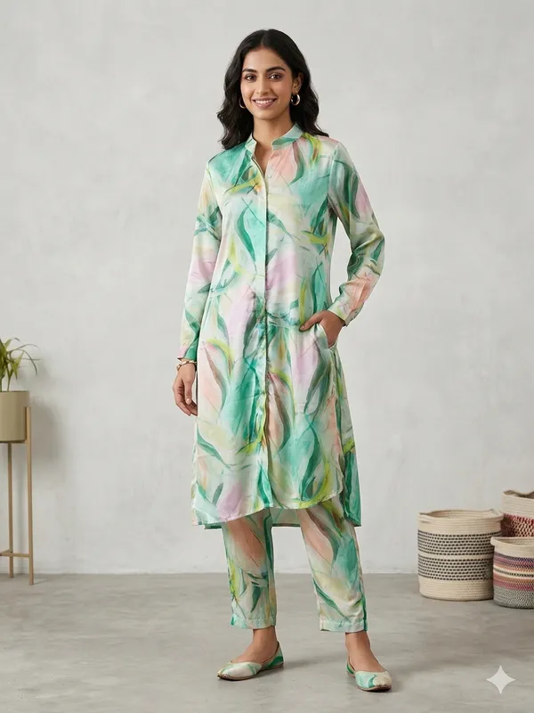 Green_Chinnon_Abstract_Print_Straight_Kurta_Set_For_Women