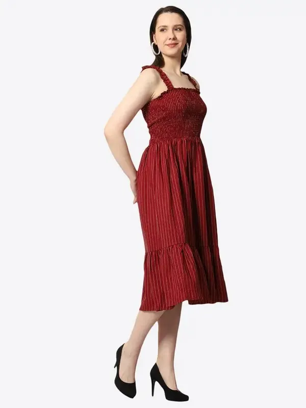 Maroon_Cotton_Smocked_Striped_Midi_Dress_For_Women