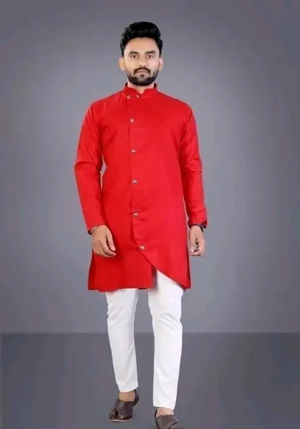 Red_Cotton_Blend_Asymmetric_Kurta_With_Churidar_For_Men