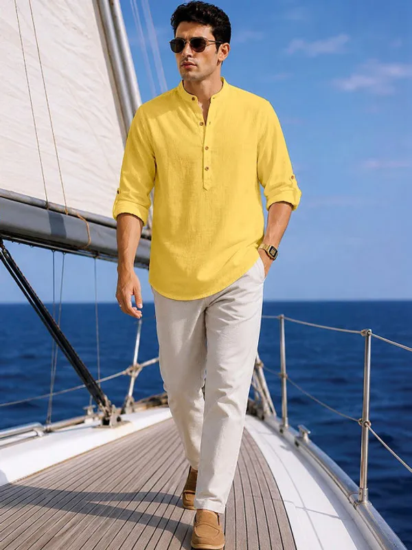 Yellow_Linen_Mandarin_Collar_Long_Sleeve_Shirt_For_Men