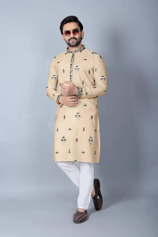 Beige_Cotton_Embroidered_Relaxed_Fit_Kurta_Pajama_Set_For_Men