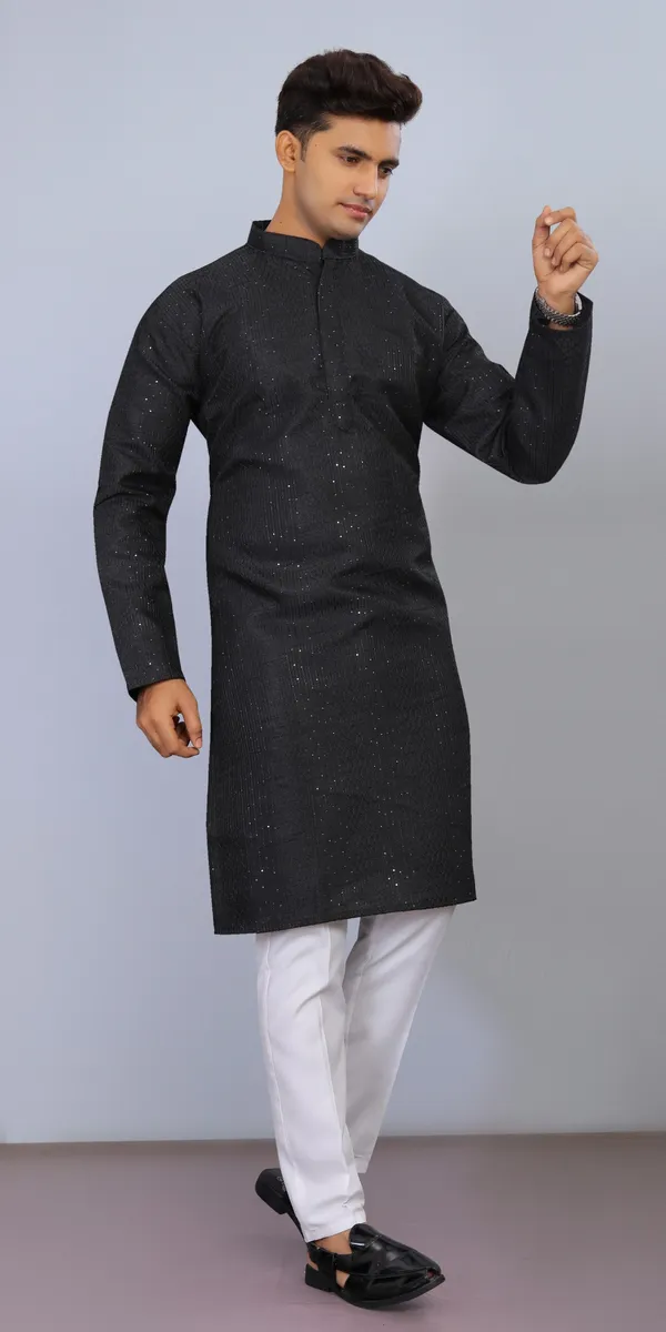 Black_Cotton_Embroidered_Kurta_Pajama_Set_For_Men