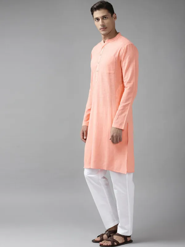 Peach_Cotton_Slub_Solid_Kurta_For_Men