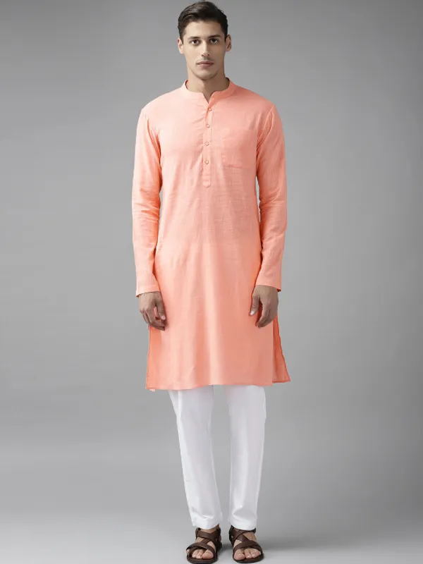 Peach_Cotton_Slub_Solid_Kurta_For_Men