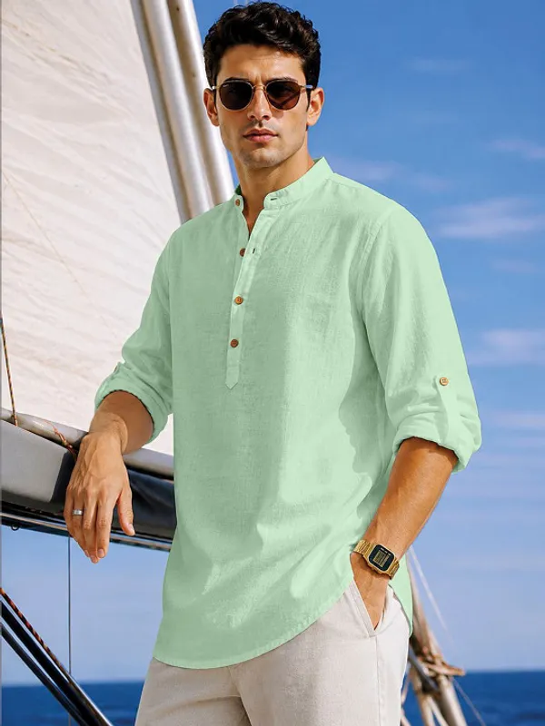 Mint_Green_Linen_Mandarin_Collar_Shirt_For_Men