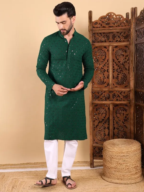 Green_Cotton_Relaxed_Straight_Sequin_Embellished_Kurta_For_Men