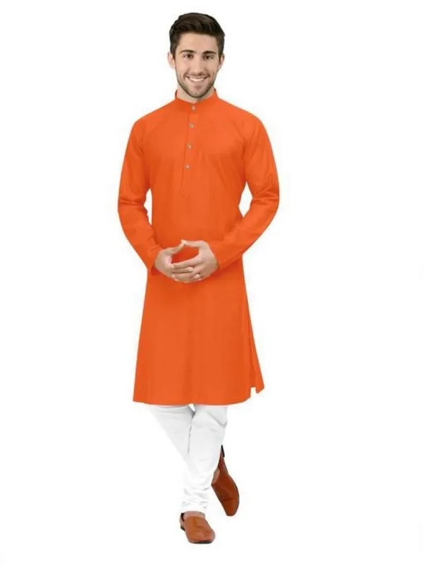 Orange_Cotton_Blend_Mandarin_Collar_Kurta_For_Men