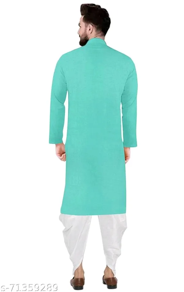 Turquoise_Cotton_Mandarin_Collar_Kurta_Pyjama_Set_For_Men
