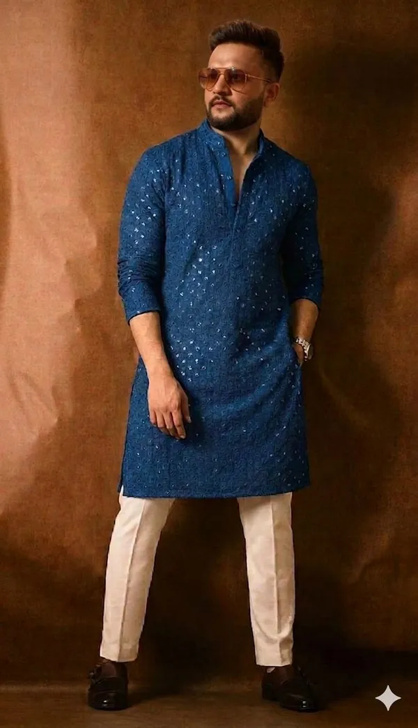 Blue_Silk_Blend_Embellished_Straight_Kurta_For_Men