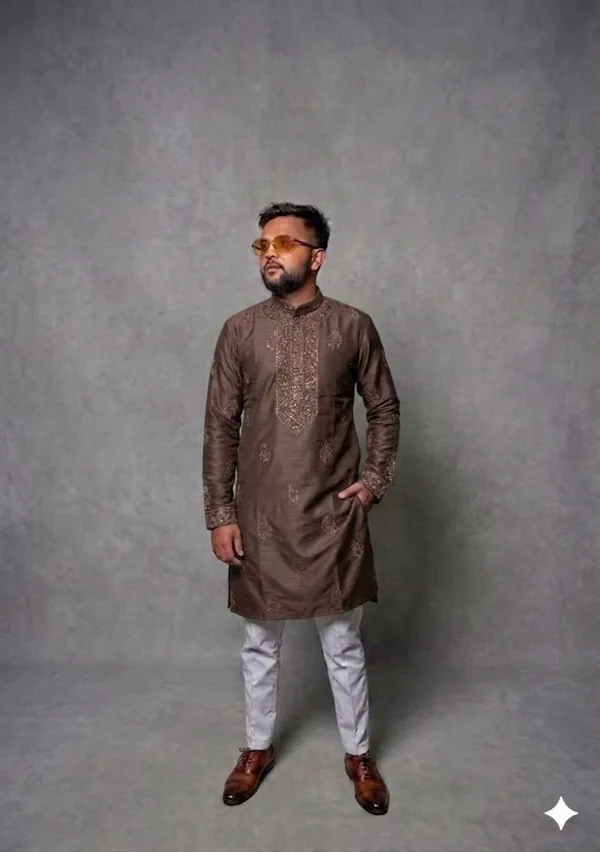 Brown_Cotton_Embroidered_Straight_Kurta_Pajama_Set_For_Men