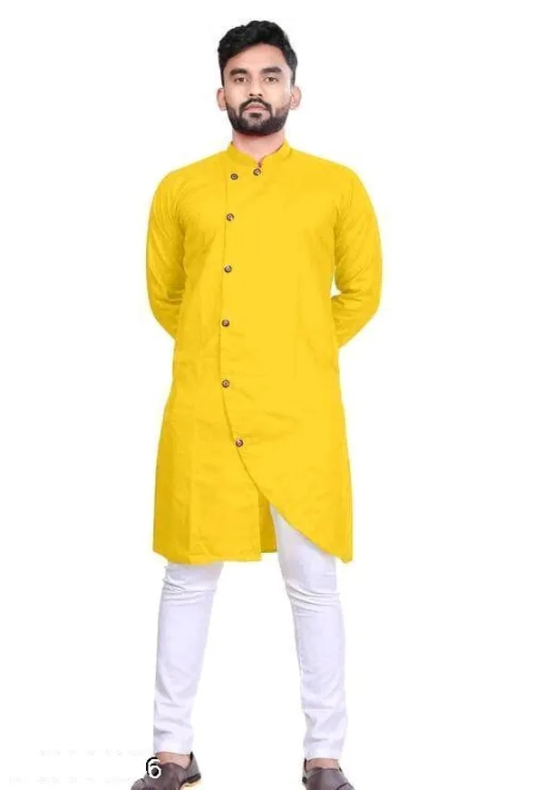 Yellow_Cotton_Blend_Relaxed_Fit_Long_Kurta_For_Men