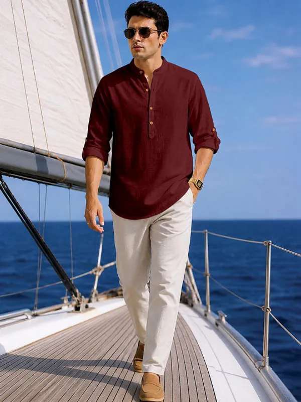 Maroon_Cotton_Mandarin_Collar_Kurta_For_Men