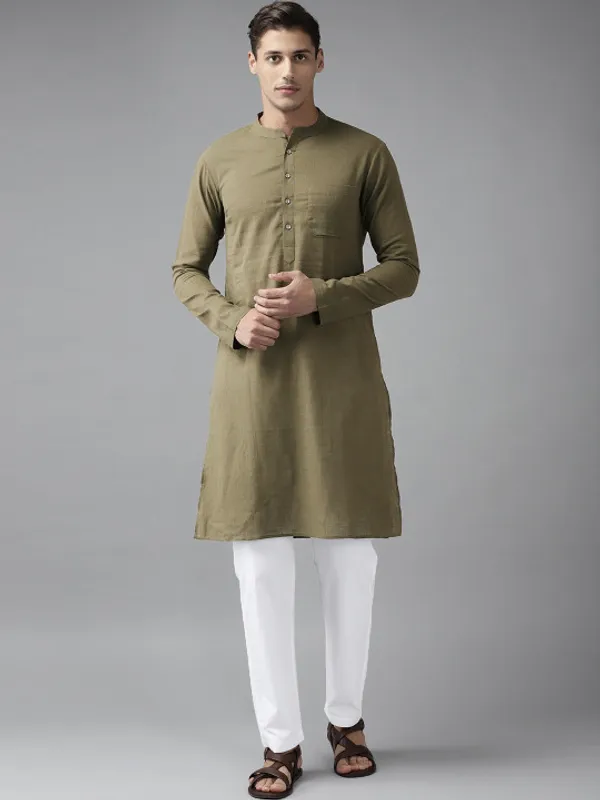 Olive_Green_Cotton_Mandarin_Collar_Kurta_For_Men