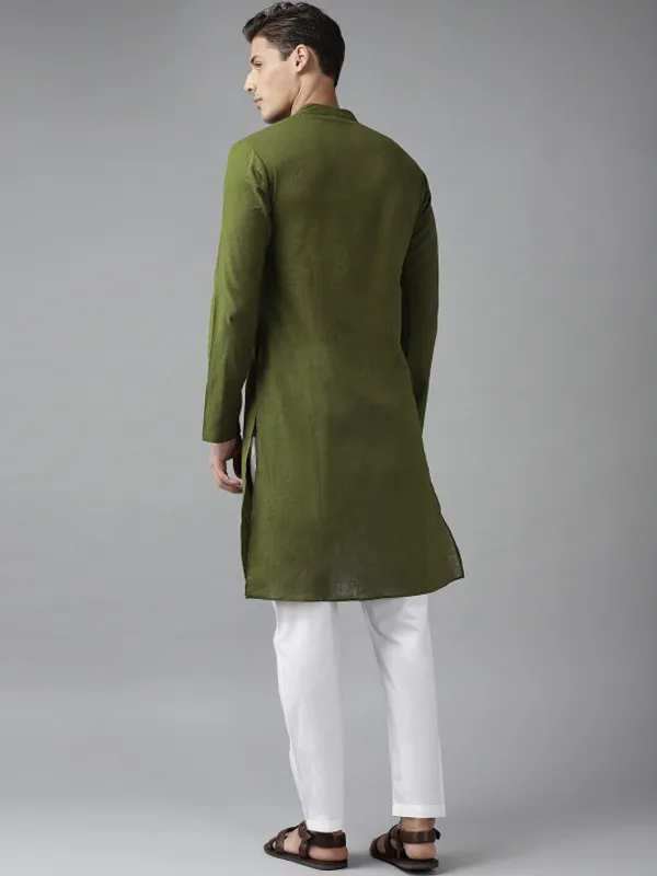 Olive_Green_Cotton_Long_Kurta_For_Men