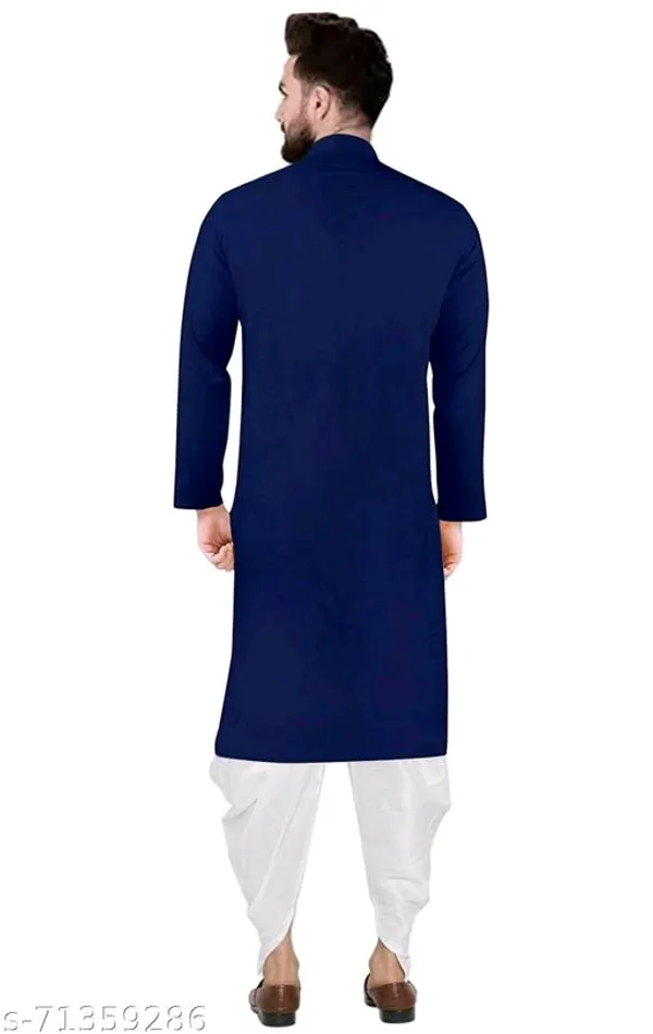 Navy_Blue_Cotton_Blend_Mandarin_Collar_Kurta_Dhoti_Set_For_Men