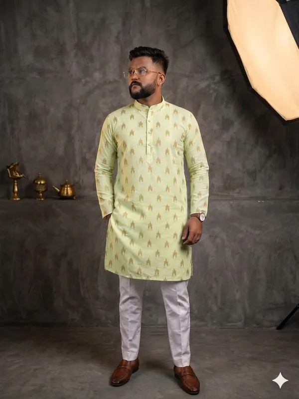 Yellow_Cotton_Relaxed_Straight_Printed_Kurta_Pajama_Set_For_Men