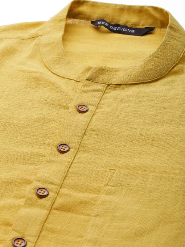 Yellow_Cotton_Mandarin_Collar_Long_Kurta_For_Men