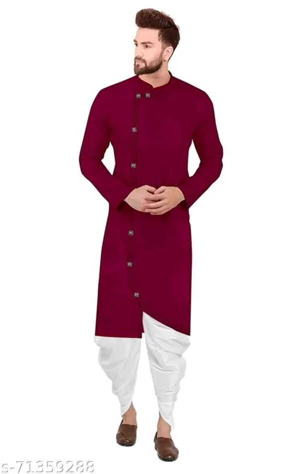 Maroon_Cotton_Blend_Asymmetric_Kurta_Pyjama_Set_For_Men