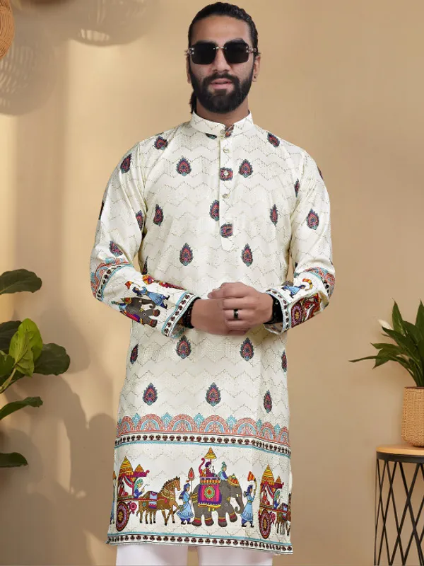 White_Printed_Cotton_Straight_Ethnic_Kurta_For_Men