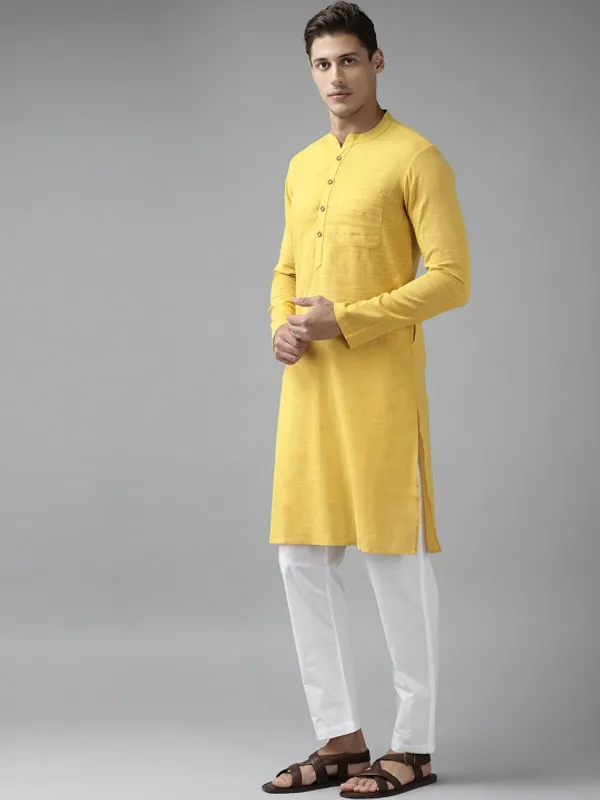 Yellow_Cotton_Mandarin_Collar_Long_Kurta_For_Men