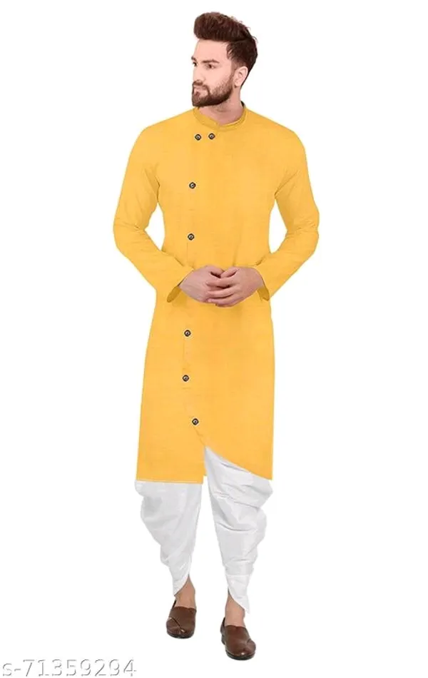 Yellow_Cotton_Blend_Relaxed_Fit_Kurta_Pyjama_Set_For_Men