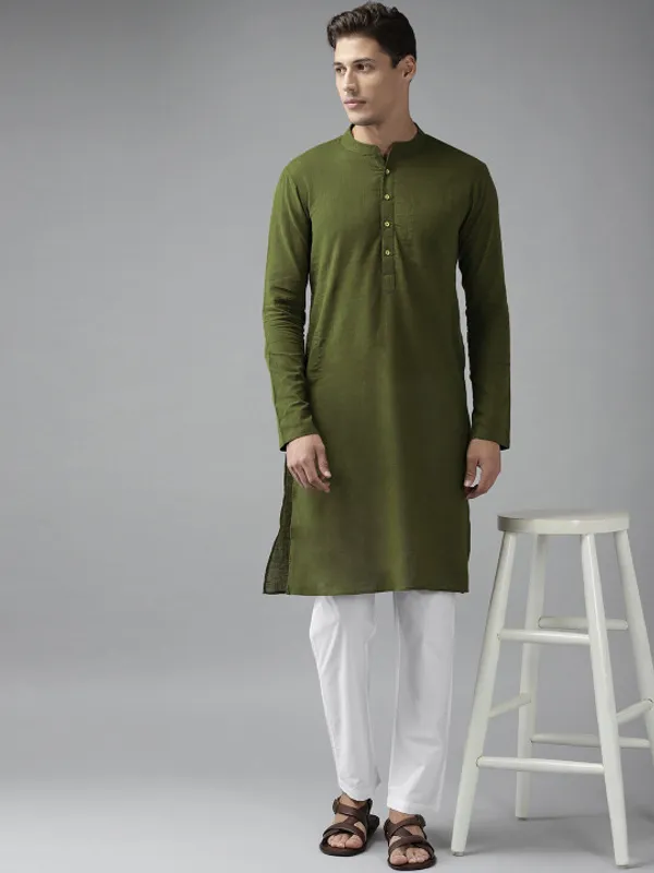 Olive_Green_Cotton_Long_Kurta_For_Men