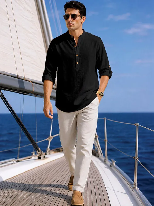 Black_Linen_Mandarin_Collar_Full_Sleeve_Shirt_For_Men
