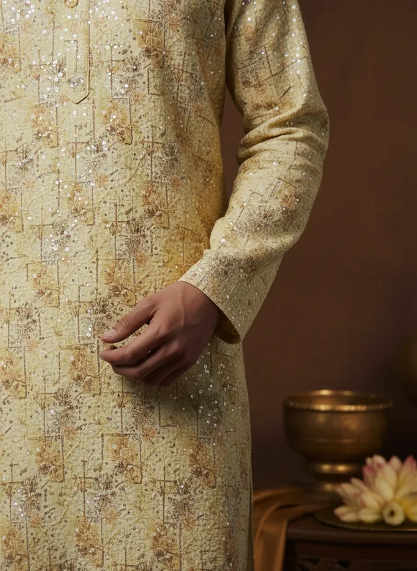 Cream_Rayon_Golden_Embroidered_Straight_Kurta_Set_For_Men