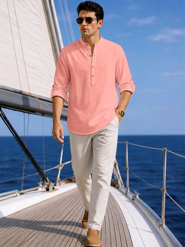 Pink_Linen_Mandarin_Collar_Shirt_For_Men