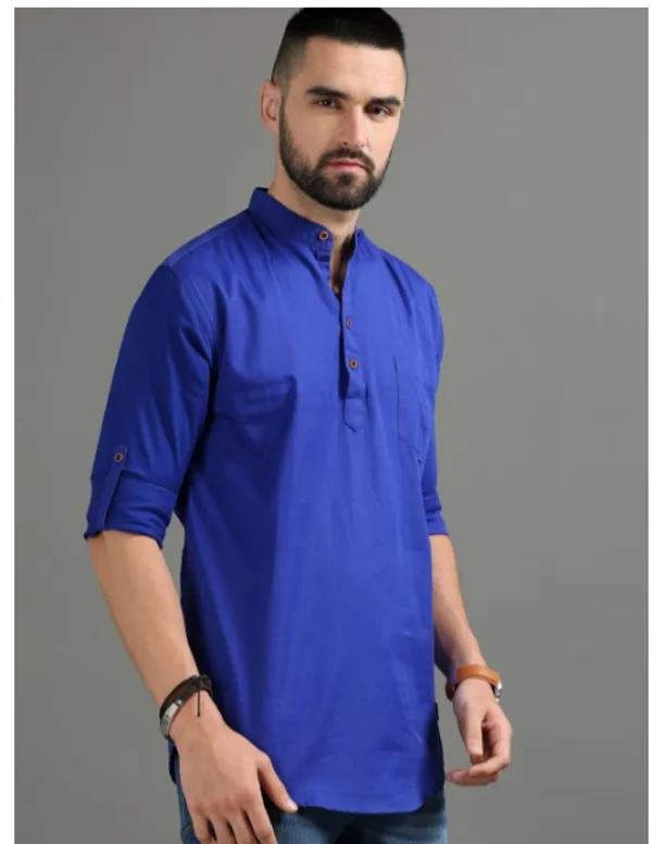 Royal_Blue_Cotton_Short_Kurta_For_Men