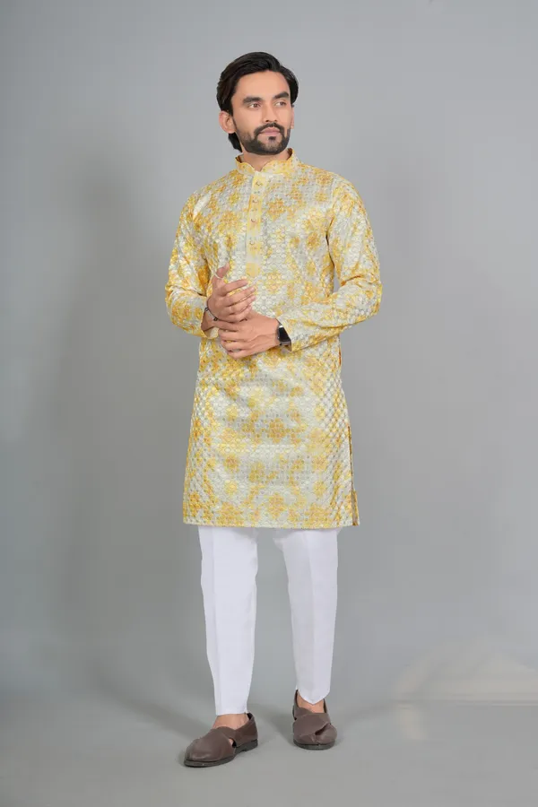 Yellow_Cotton_Relaxed_Floral_Printed_Kurta_For_Men