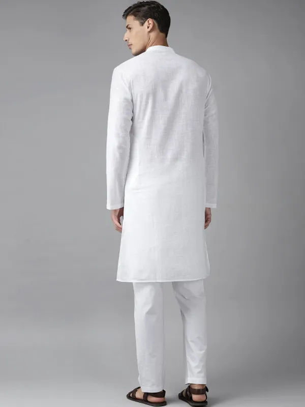 White_Cotton_Knee_Length_Kurta_Pyjama_Set_For_Men