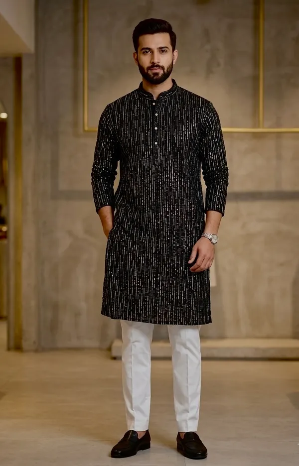 Black_Cotton_Embroidered_Kurta_With_Pajama_For_Men