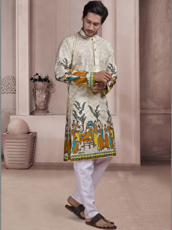 Cream_Cotton_Blend_Straight_Ethnic_Print_Kurta_For_Men