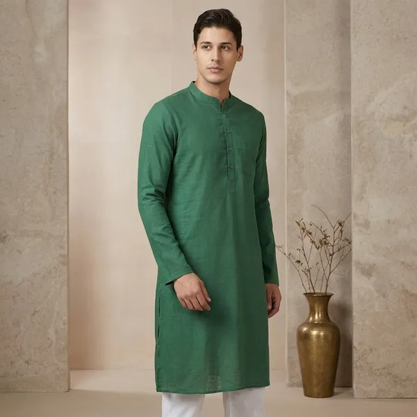 Green_Cotton_Solid_Long_Kurta_For_Men
