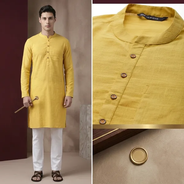 Yellow_Cotton_Mandarin_Collar_Long_Kurta_For_Men