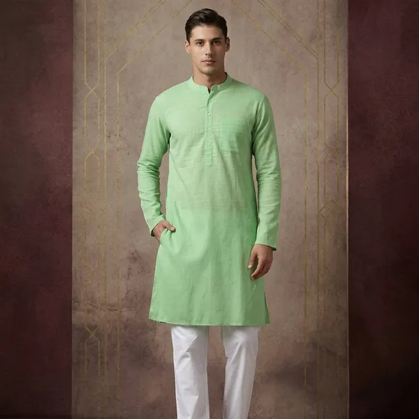 Green_Cotton_Long_Kurta_For_Men