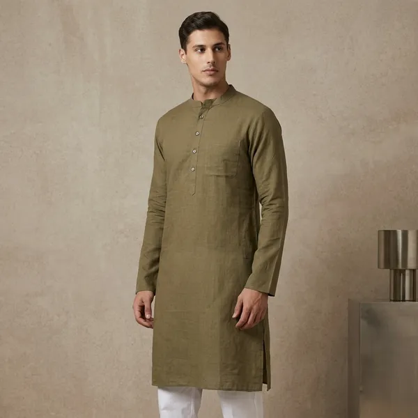 Olive_Green_Cotton_Mandarin_Collar_Kurta_For_Men
