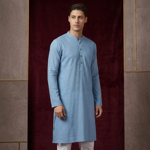 Blue_Cotton_Long_Kurta_With_Mandarin_Collar_For_Men
