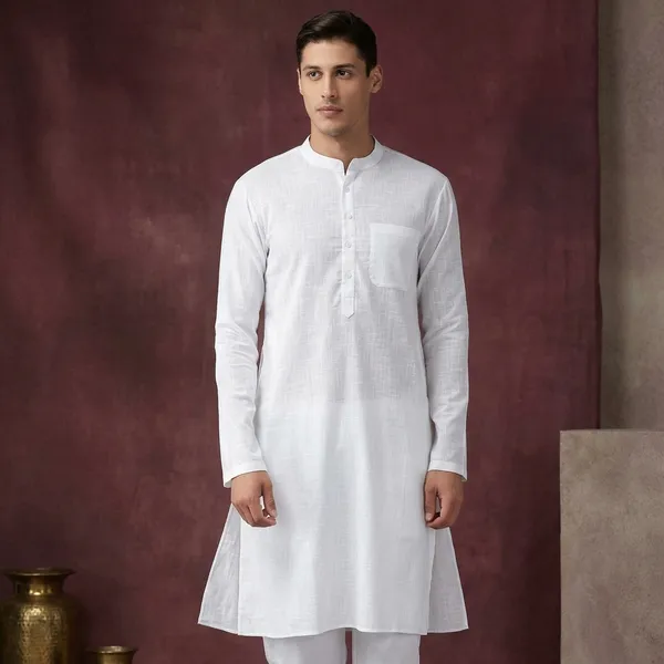 White_Cotton_Knee_Length_Kurta_Pyjama_Set_For_Men