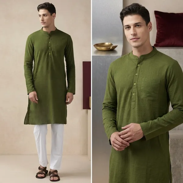 Olive_Green_Cotton_Long_Kurta_For_Men