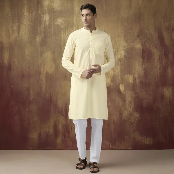 Light_Yellow_Cotton_Full_Sleeve_Kurta_For_Men